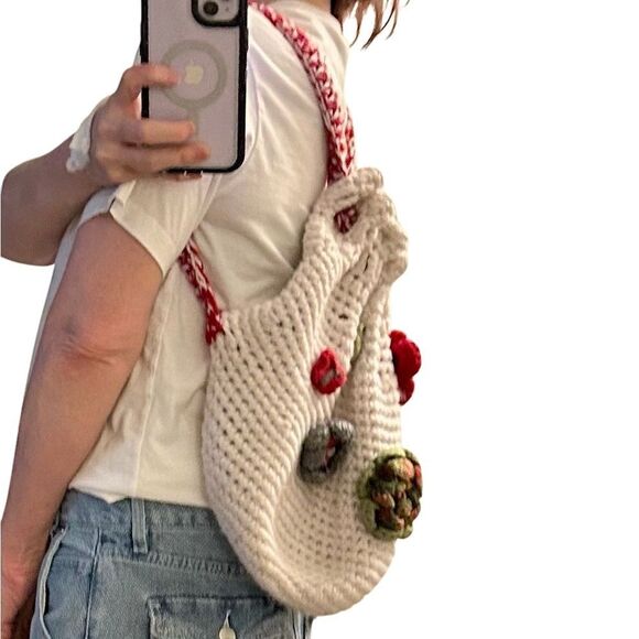Crochet backpack Vintage Floral Applique Rosettes cream multicolor farm boho main image 10